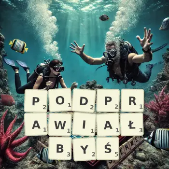 Kreatywna ilustracja do gry w Scrabble ze słowem PODPRAWIAŁBYŚ ułożonym z płytek na planszy.