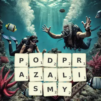 Kreatywna ilustracja do gry w Scrabble ze słowem PODPRAZALISMY ułożonym z płytek na planszy.