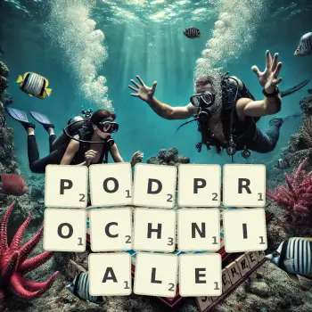 Kreatywna ilustracja do gry w Scrabble ze słowem PODPROCHNIALE ułożonym z płytek na planszy.