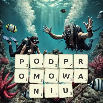 Kreatywna ilustracja do gry w Scrabble ze słowem PODPROMOWANIU ułożonym z płytek na planszy.