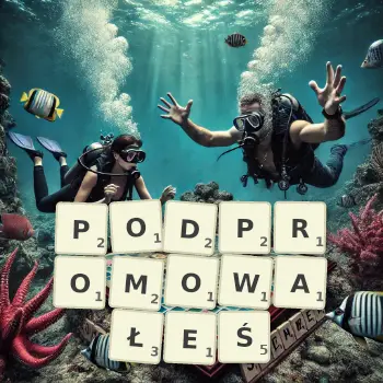 Kreatywna ilustracja do gry w Scrabble ze słowem PODPROMOWAŁEŚ ułożonym z płytek na planszy.