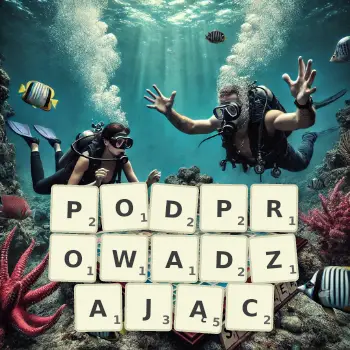 Kreatywna ilustracja do gry w Scrabble ze słowem PODPROWADZAJĄC ułożonym z płytek na planszy.