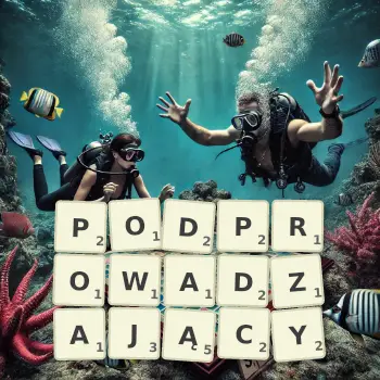Kreatywna ilustracja do gry w Scrabble ze słowem PODPROWADZAJĄCY ułożonym z płytek na planszy.