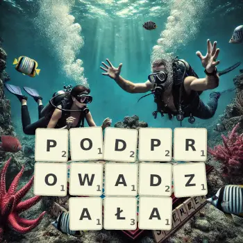 Kreatywna ilustracja do gry w Scrabble ze słowem PODPROWADZAŁA ułożonym z płytek na planszy.