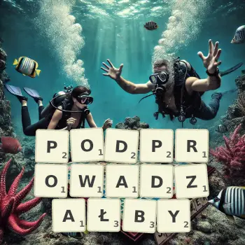 Kreatywna ilustracja do gry w Scrabble ze słowem PODPROWADZAŁBY ułożonym z płytek na planszy.