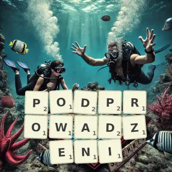 Kreatywna ilustracja do gry w Scrabble ze słowem PODPROWADZENI ułożonym z płytek na planszy.