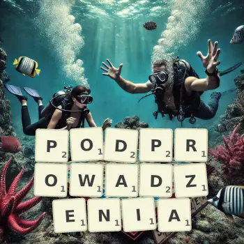 Kreatywna ilustracja do gry w Scrabble ze słowem PODPROWADZENIA ułożonym z płytek na planszy.