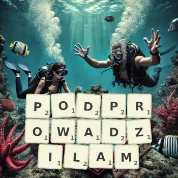 Kreatywna ilustracja do gry w Scrabble ze słowem PODPROWADZILAM ułożonym z płytek na planszy.