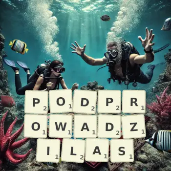 Kreatywna ilustracja do gry w Scrabble ze słowem PODPROWADZILAS ułożonym z płytek na planszy.