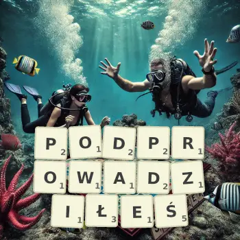 Kreatywna ilustracja do gry w Scrabble ze słowem PODPROWADZIŁEŚ ułożonym z płytek na planszy.