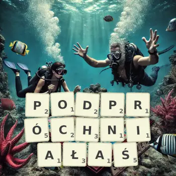Kreatywna ilustracja do gry w Scrabble ze słowem PODPRÓCHNIAŁAŚ ułożonym z płytek na planszy.