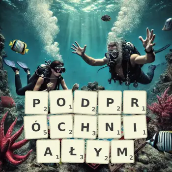 Kreatywna ilustracja do gry w Scrabble ze słowem PODPRÓCHNIAŁYM ułożonym z płytek na planszy.
