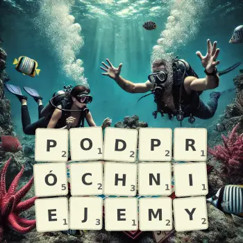 Kreatywna ilustracja do gry w Scrabble ze słowem PODPRÓCHNIEJEMY ułożonym z płytek na planszy.