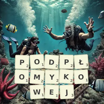 Kreatywna ilustracja do gry w Scrabble ze słowem PODPŁOMYKOWEJ ułożonym z płytek na planszy.