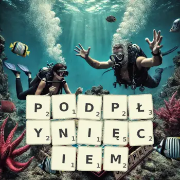Kreatywna ilustracja do gry w Scrabble ze słowem PODPŁYNIĘCIEM ułożonym z płytek na planszy.