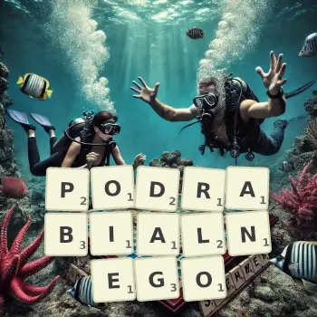 Kreatywna ilustracja do gry w Scrabble ze słowem PODRABIALNEGO ułożonym z płytek na planszy.