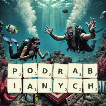 Kreatywna ilustracja do gry w Scrabble ze słowem PODRABIANYCH ułożonym z płytek na planszy.