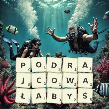Kreatywna ilustracja do gry w Scrabble ze słowem PODRAJCOWAŁABYŚ ułożonym z płytek na planszy.