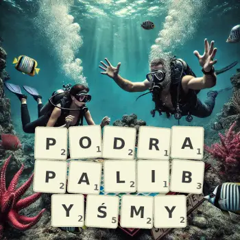 Kreatywna ilustracja do gry w Scrabble ze słowem PODRAPALIBYŚMY ułożonym z płytek na planszy.