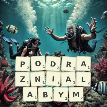 Kreatywna ilustracja do gry w Scrabble ze słowem PODRAZNIALABYM ułożonym z płytek na planszy.