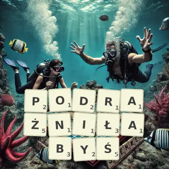 Kreatywna ilustracja do gry w Scrabble ze słowem PODRAŻNIŁABYŚ ułożonym z płytek na planszy.