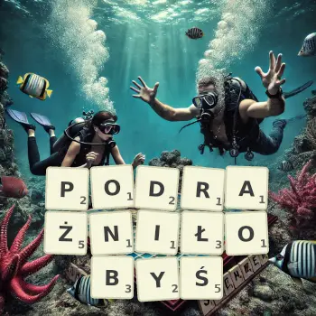 Kreatywna ilustracja do gry w Scrabble ze słowem PODRAŻNIŁOBYŚ ułożonym z płytek na planszy.