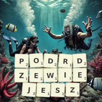 Kreatywna ilustracja do gry w Scrabble ze słowem PODRDZEWIEJESZ ułożonym z płytek na planszy.
