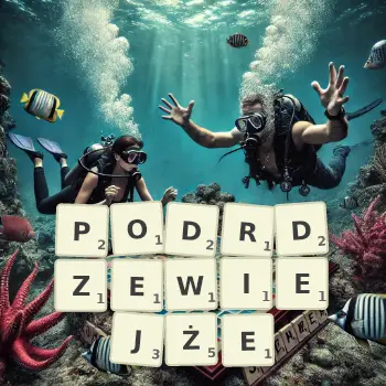 Kreatywna ilustracja do gry w Scrabble ze słowem PODRDZEWIEJŻE ułożonym z płytek na planszy.