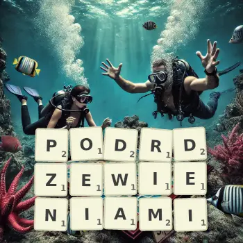 Kreatywna ilustracja do gry w Scrabble ze słowem PODRDZEWIENIAMI ułożonym z płytek na planszy.