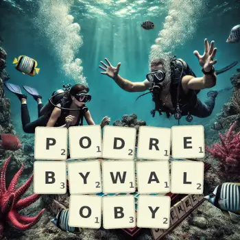 Kreatywna ilustracja do gry w Scrabble ze słowem PODREBYWALOBY ułożonym z płytek na planszy.