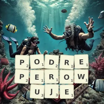 Kreatywna ilustracja do gry w Scrabble ze słowem PODREPEROWUJE ułożonym z płytek na planszy.