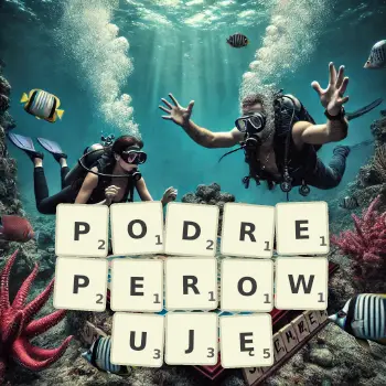 Kreatywna ilustracja do gry w Scrabble ze słowem PODREPEROWUJĘ ułożonym z płytek na planszy.