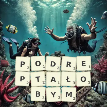 Kreatywna ilustracja do gry w Scrabble ze słowem PODREPTAŁOBYM ułożonym z płytek na planszy.