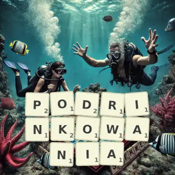 Kreatywna ilustracja do gry w Scrabble ze słowem PODRINKOWANIA ułożonym z płytek na planszy.