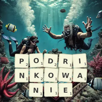 Kreatywna ilustracja do gry w Scrabble ze słowem PODRINKOWANIE ułożonym z płytek na planszy.