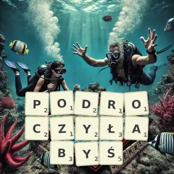Kreatywna ilustracja do gry w Scrabble ze słowem PODROCZYŁABYŚ ułożonym z płytek na planszy.
