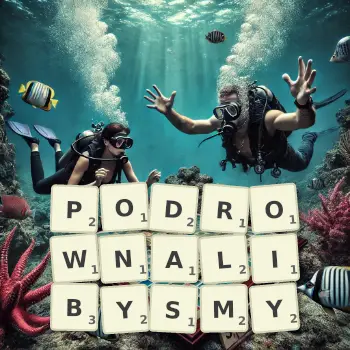 Kreatywna ilustracja do gry w Scrabble ze słowem PODROWNALIBYSMY ułożonym z płytek na planszy.
