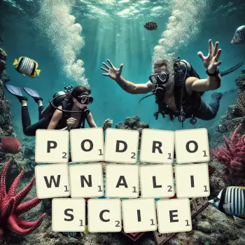 Kreatywna ilustracja do gry w Scrabble ze słowem PODROWNALISCIE ułożonym z płytek na planszy.