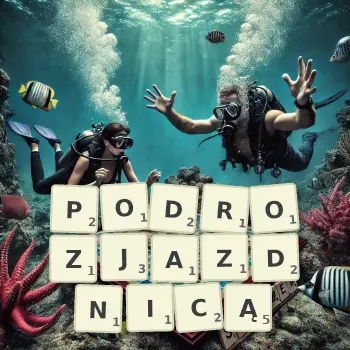 Kreatywna ilustracja do gry w Scrabble ze słowem PODROZJAZDNICĄ ułożonym z płytek na planszy.