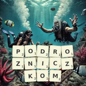 Kreatywna ilustracja do gry w Scrabble ze słowem PODROZNICZKOM ułożonym z płytek na planszy.