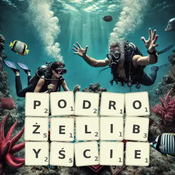 Kreatywna ilustracja do gry w Scrabble ze słowem PODROŻELIBYŚCIE ułożonym z płytek na planszy.