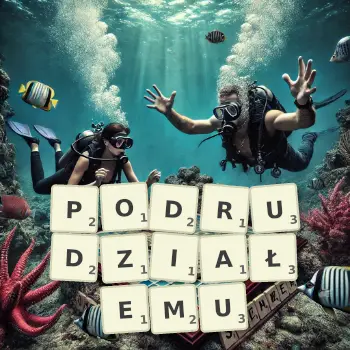 Kreatywna ilustracja do gry w Scrabble ze słowem PODRUDZIAŁEMU ułożonym z płytek na planszy.
