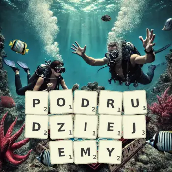 Kreatywna ilustracja do gry w Scrabble ze słowem PODRUDZIEJEMY ułożonym z płytek na planszy.