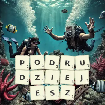 Kreatywna ilustracja do gry w Scrabble ze słowem PODRUDZIEJESZ ułożonym z płytek na planszy.