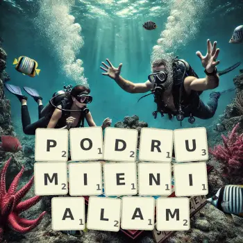 Kreatywna ilustracja do gry w Scrabble ze słowem PODRUMIENIALAM ułożonym z płytek na planszy.