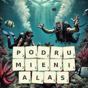 Kreatywna ilustracja do gry w Scrabble ze słowem PODRUMIENIALAS ułożonym z płytek na planszy.