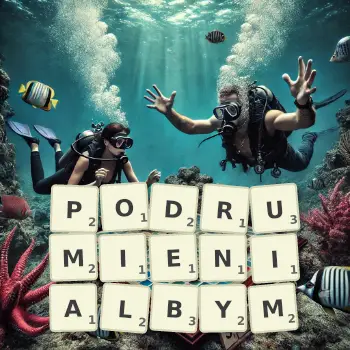 Kreatywna ilustracja do gry w Scrabble ze słowem PODRUMIENIALBYM ułożonym z płytek na planszy.