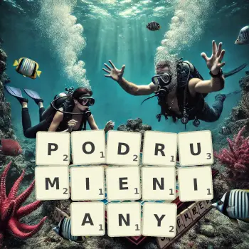 Kreatywna ilustracja do gry w Scrabble ze słowem PODRUMIENIANY ułożonym z płytek na planszy.