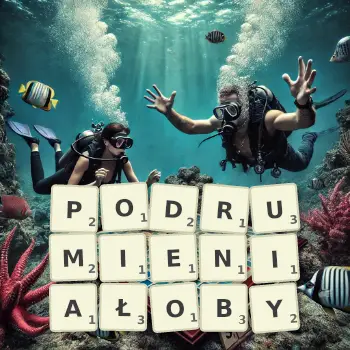 Kreatywna ilustracja do gry w Scrabble ze słowem PODRUMIENIAŁOBY ułożonym z płytek na planszy.