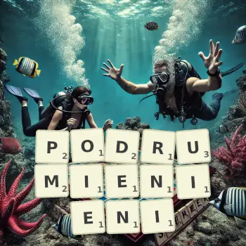 Kreatywna ilustracja do gry w Scrabble ze słowem PODRUMIENIENI ułożonym z płytek na planszy.